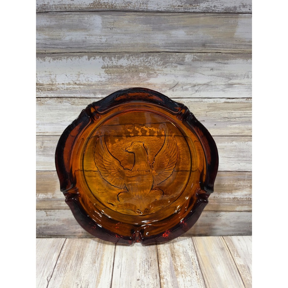 Vintage Amber Glass American Eagle Ashtray Large 9.5 Inch Round MCM Americana